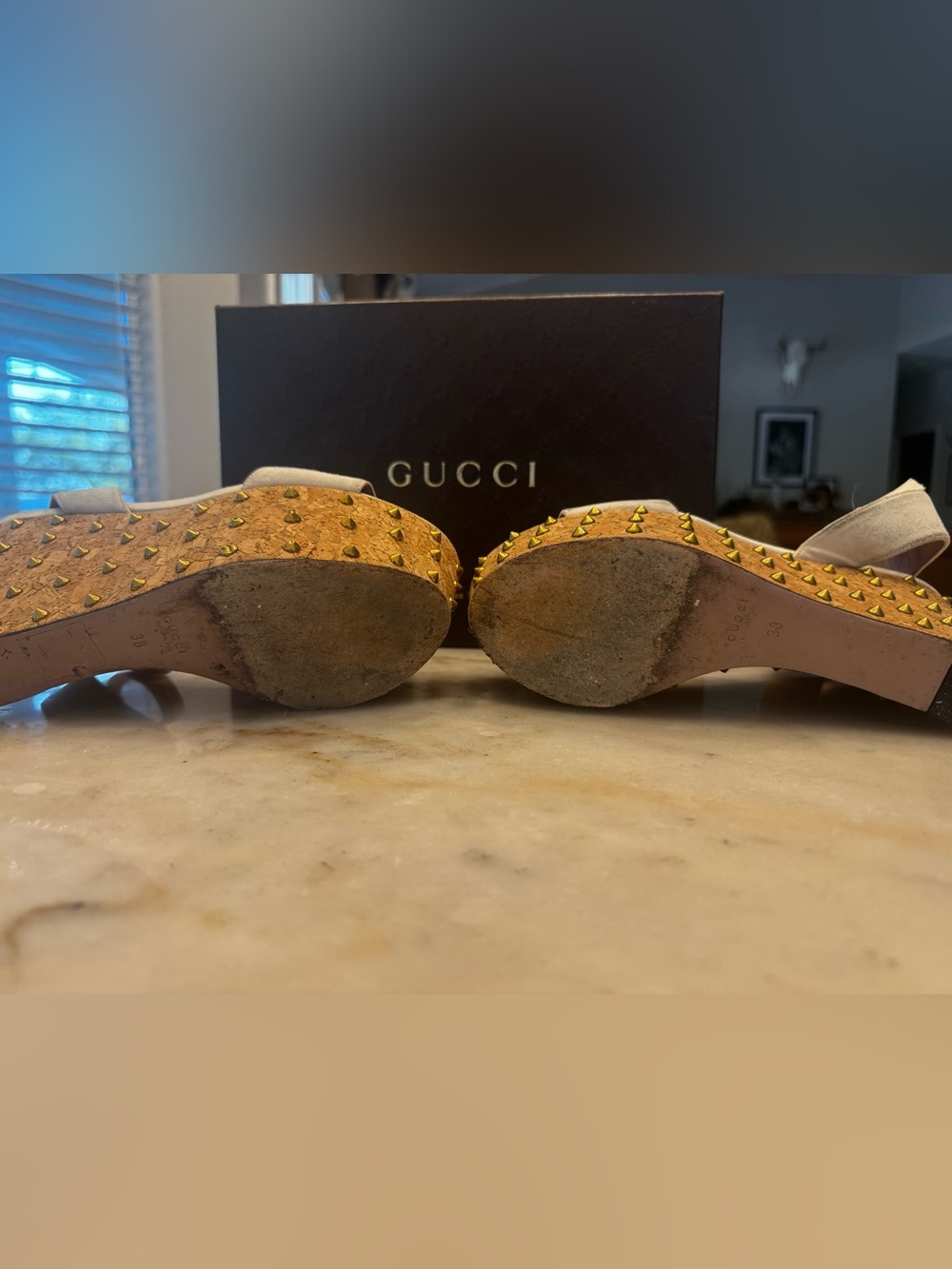 Gucci Cream Suede Cork Platform Sandals with Gold Horsebit & Studs - Picture 4 of 6